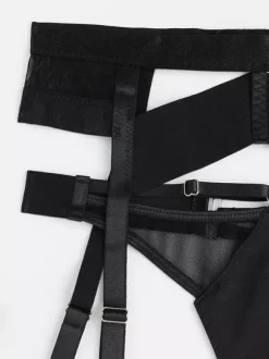 3-Piece Lingerie Black Cupless Bra Panty Garter Belt Sets