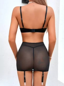 3-Piece Lingerie Black Satin Mesh Underwire Bra Garter Skirt Thong Bra Panty Sets