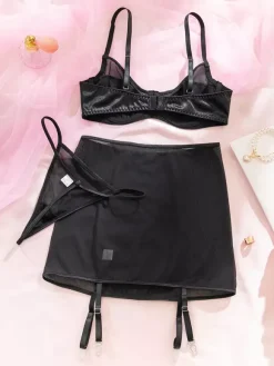 3-Piece Lingerie Black Satin Mesh Underwire Bra Garter Skirt Thong Bra Panty Sets