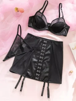 3-Piece Lingerie Black Satin Mesh Underwire Bra Garter Skirt Thong Bra Panty Sets
