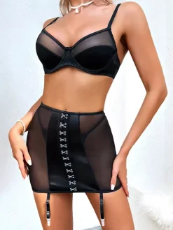 3-Piece Lingerie Black Satin Mesh Underwire Bra Garter Skirt Thong Bra Panty Sets