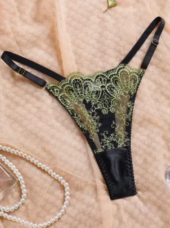 2-Piece Lingerie Butterfly Floral Embroidery Black And Green Underwire Bra Thong Sets