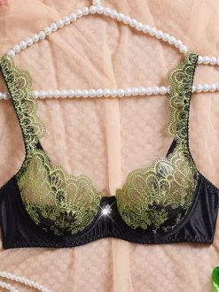 2-Piece Lingerie Butterfly Floral Embroidery Black And Green Underwire Bra Thong Sets