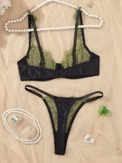 2-Piece Lingerie Butterfly Floral Embroidery Black And Green Underwire Bra Thong Sets
