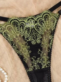 2-Piece Lingerie Butterfly Floral Embroidery Black And Green Underwire Bra Thong Sets