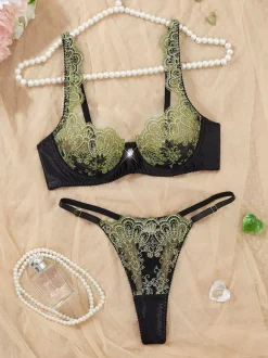 2-Piece Lingerie Butterfly Floral Embroidery Black And Green Underwire Bra Thong Sets