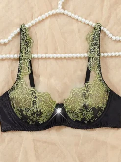 2-Piece Lingerie Butterfly Floral Embroidery Black And Green Underwire Bra Thong Sets