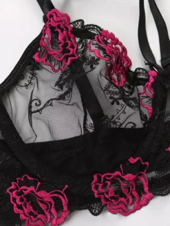 2-Piece Lingerie Floral Print Sheer Lace Up Black Bra Panty Sets