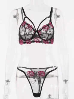 2-Piece Lingerie Floral Print Sheer Lace Up Black Bra Panty Sets