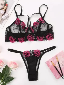 2-Piece Lingerie Floral Print Sheer Lace Up Black Bra Panty Sets