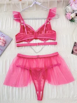 3-Piece Lingerie Rhinestones Sheer Rose Bra Overskirt Underwear Sets