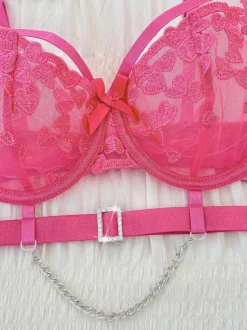 3-Piece Lingerie Rhinestones Sheer Rose Bra Overskirt Underwear Sets