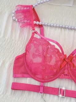 3-Piece Lingerie Rhinestones Sheer Rose Bra Overskirt Underwear Sets