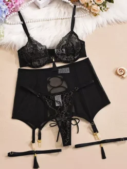 4-Piece Lingerie Set Embroidery Sheer Lace Black Bra Panty Sets