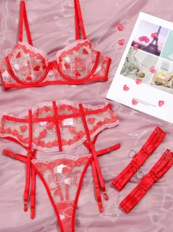 3-Piece Lingerie Sets Red Heart Embroidery Bra Panty Sets