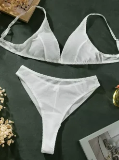 2-Piece Lingerie Sheer Black Adjustable Straps Bra Panty Sets