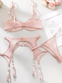 3-Piece Lingerie Sheer Blush Pink Bra Panty Sets With Garter Belt