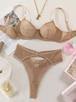 2-Piece Lingerie Sheer Khaki Bra Panty Sets