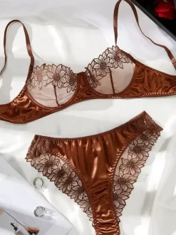 2-Piece Lingerie Sheer Lace Brown Sheer Mesh Underwire Bra Panty Sets