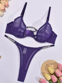 2-Piece Lingerie Sheer Rhinestones Purple Minimalist Cut Thong Bra Panty Sets