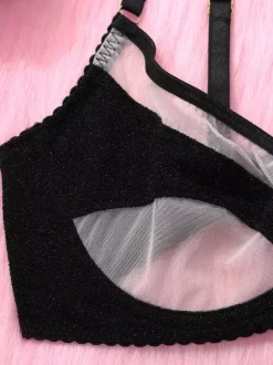 3-Piece Lingerie Two-Tone Sheer Black Geometric Mesh Bra Panty Sets