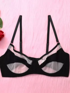 3-Piece Lingerie Two-Tone Sheer Black Geometric Mesh Bra Panty Sets