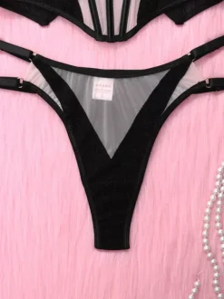 3-Piece Lingerie Two-Tone Sheer Black Geometric Mesh Bra Panty Sets