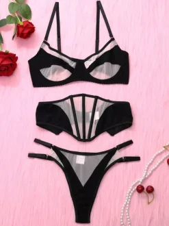 3-Piece Lingerie Two-Tone Sheer Black Geometric Mesh Bra Panty Sets