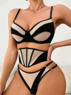 3-Piece Lingerie Two-Tone Sheer Black Geometric Mesh Bra Panty Sets