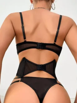 3-Piece Lingerie Two-Tone Sheer Black Geometric Mesh Bra Panty Sets