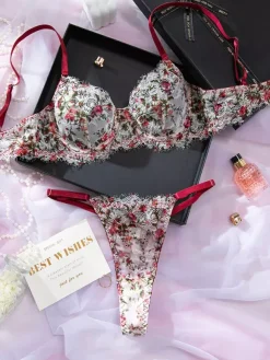 2-Piece Lingerie Vintage Push-up Floral Print Lace Burgundy Push-up Bra Panty Sets