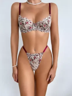 2-Piece Lingerie Vintage Push-up Floral Print Lace Burgundy Push-up Bra Panty Sets