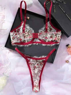 2-Piece Lingerie Vintage Push-up Floral Print Lace Burgundy Push-up Bra Panty Sets