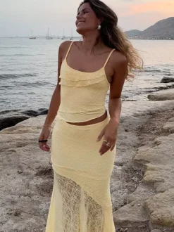 2 Piece Maxi Skirt Set Mesh Cami Top Mermaid Skirt Summer Women 2 Piece Maxi Skirt Set