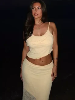 2 Piece Maxi Skirt Set Mesh Cami Top Mermaid Skirt Summer Women 2 Piece Maxi Skirt Set