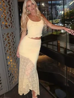 2 Piece Maxi Skirt Set Mesh Cami Top Mermaid Skirt Summer Women 2 Piece Maxi Skirt Set