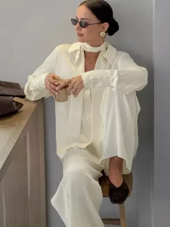 2 Piece Outfit Set Collar Shirt Wide Leg Pants Soft Casual Women 2 Piece Outfit Set