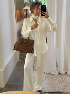 2 Piece Outfit Set Collar Shirt Wide Leg Pants Soft Casual Women 2 Piece Outfit Set