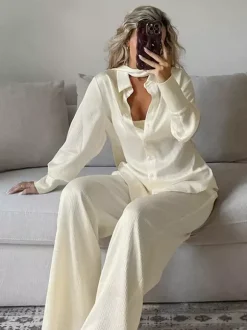 2 Piece Outfit Set Collar Shirt Wide Leg Pants Soft Casual Women 2 Piece Outfit Set