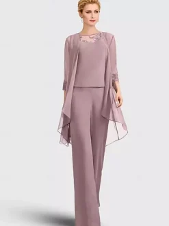3-pieces Bridal Mother Dress Illusion Neckline 3/4 Length Sleeves Lace Guest Dresses For Wedding