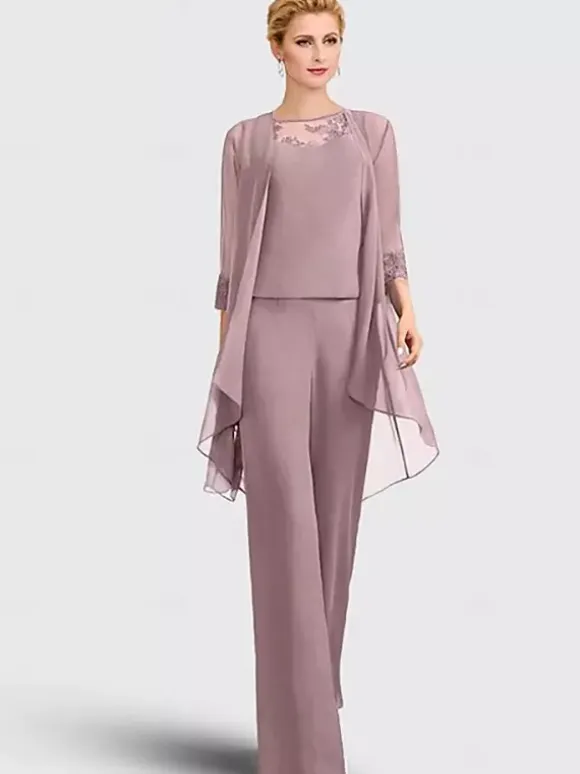 3-pieces Bridal Mother Dress Illusion Neckline 3/4 Length Sleeves Lace Guest Dresses For Wedding
