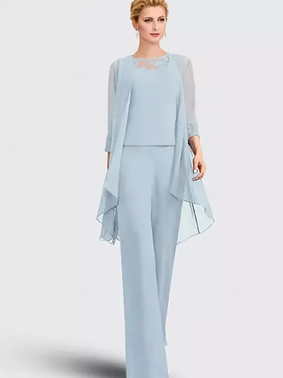 3-pieces Bridal Mother Dress Illusion Neckline 3/4 Length Sleeves Lace Guest Dresses For Wedding