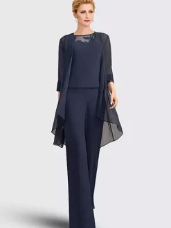 3-pieces Bridal Mother Dress Illusion Neckline 3/4 Length Sleeves Lace Guest Dresses For Wedding
