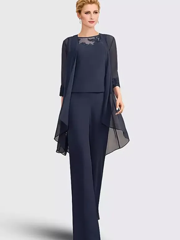 3-pieces Bridal Mother Dress Illusion Neckline 3/4 Length Sleeves Lace Guest Dresses For Wedding