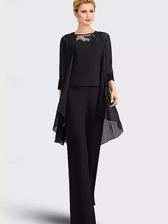 3-pieces Bridal Mother Dress Illusion Neckline 3/4 Length Sleeves Lace Guest Dresses For Wedding