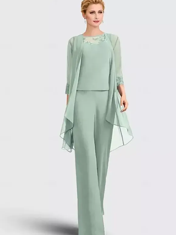 3-pieces Bridal Mother Dress Illusion Neckline 3/4 Length Sleeves Lace Guest Dresses For Wedding