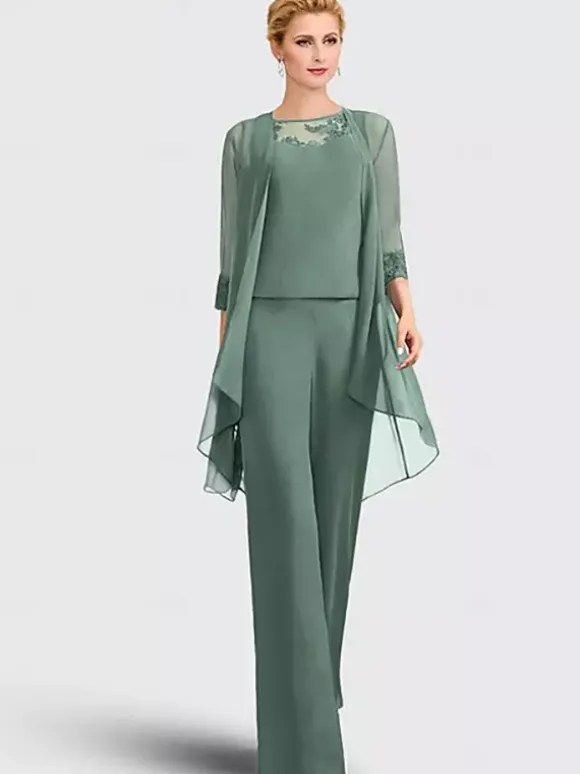 3-pieces Bridal Mother Dress Illusion Neckline 3/4 Length Sleeves Lace Guest Dresses For Wedding
