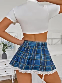 4-Pieces School Gril Costume Women Tops Skirt T-back Stocking Sets