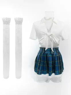 4-Pieces School Gril Costume Women Tops Skirt T-back Stocking Sets