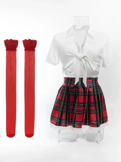 4-Pieces School Gril Costume Women Tops Skirt T-back Stocking Sets